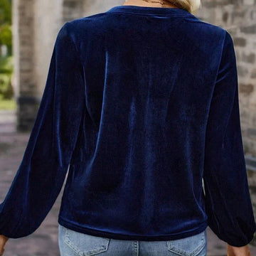 Women's Solid Color V-Neck Button Detail Long Sleeve Pullover Top Casual Elegant Office Blouse Meifu Market