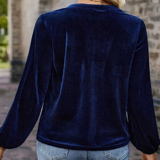 Women's Solid Color V-Neck Button Detail Long Sleeve Pullover Top Casual Elegant Office Blouse Meifu Market