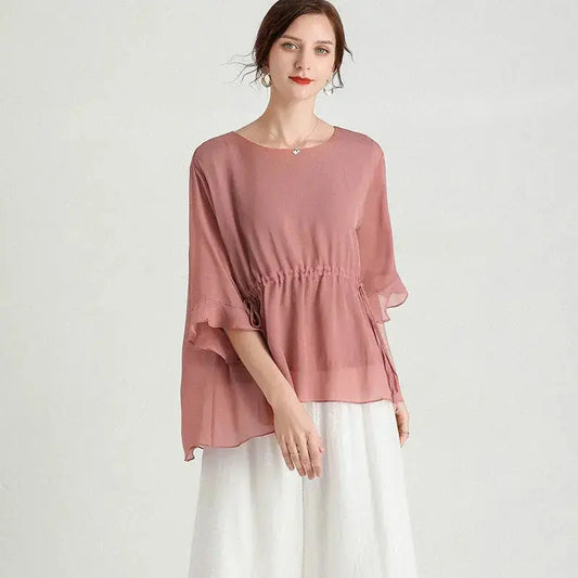 Plus Size Silk Blouse - Women's Short-Sleeved Summer Shirt