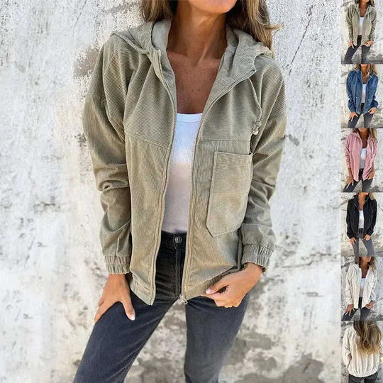 Corduroy Hooded Zip-up Jacket With Pockets Fashion Casual Drawstring Tops Outerwear Women's Clothing Meifu Market