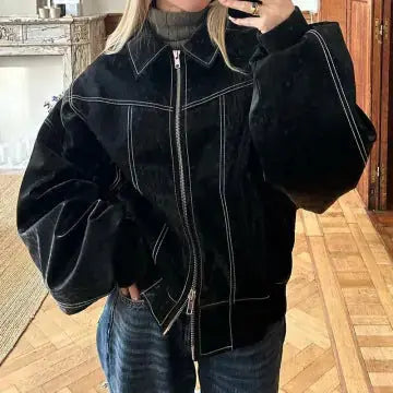 Loose Fashion Lapel Zip-up Jacket Cool Long Sleeve Zipper Closure Moto Biker Leather Jacket Womens Clothing Meifu Market