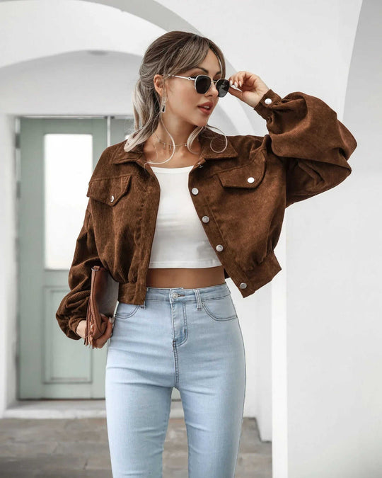 Women's Casual Lapel Corduroy Jacket Short Coat Meifu Market