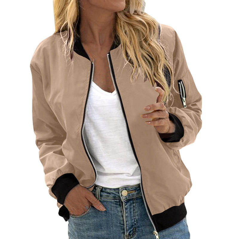 Women's Solid Color Cool Girl Baseball Jackets Round Neck Zipper Vintage Bomber Jacket Autumn Casual Female Bomber Jacket Chic Outerwear Meifu Market