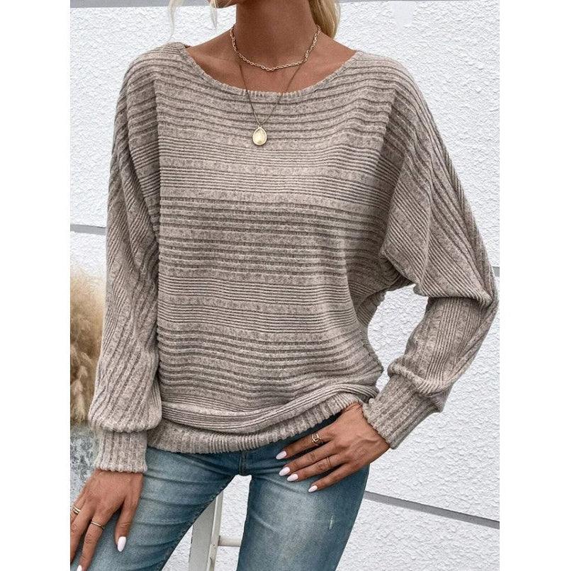 Solid Striped Batwing Sleeves T-shirt Fashion Casual Pullover Round Neck Long Sleeve Top Spring And Autumn Women's Clothing Meifu Market