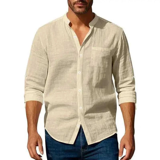 long sleeve stand collar shirt | mens casual shirt with pockets | cotton linen blend shirt | ultrasonic cleaning