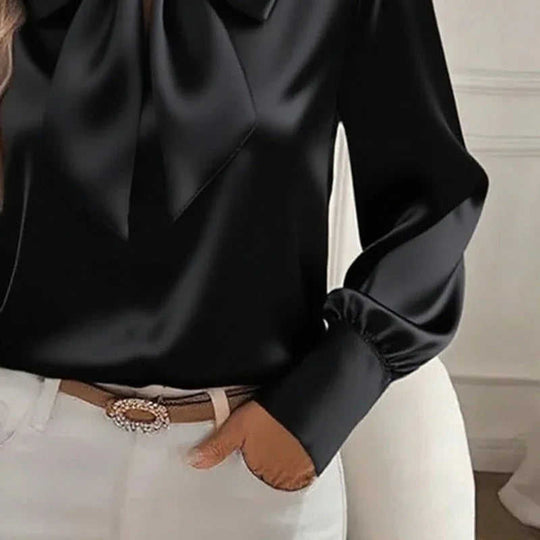 Women's Solid Color Satin Long Sleeve Casual Shirt With Bow Decor Blouse Spring Fall Daily Wear Top Meifu Market