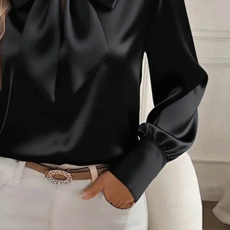 Women's Solid Color Satin Long Sleeve Casual Shirt With Bow Decor Blouse Spring Fall Daily Wear Top Meifu Market