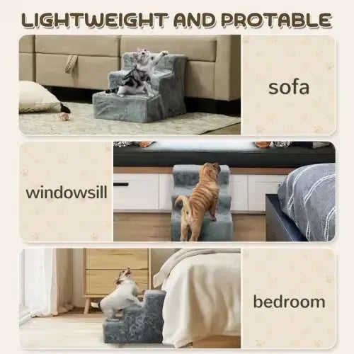 PawHut Three-Step Dog Stairs, With Washable Plush Cover, For High Bed Sofa, Dog Stairs For Small Dog And Cat - Light Grey Meifu Market