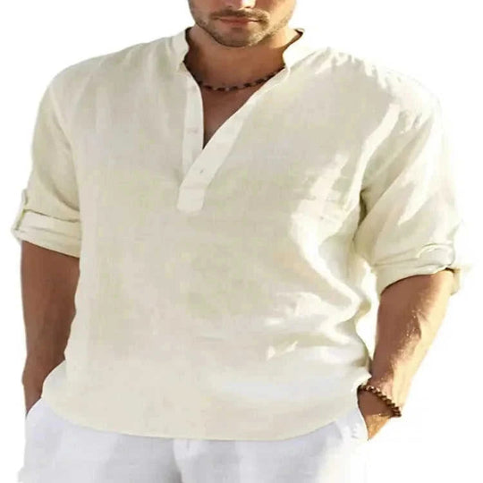 cotton linen blend fabric | loose fit long sleeve shirt | mens casual solid color shirt | energy saving