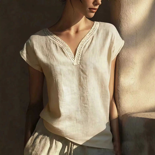 Bohemian Vintage Lace V-Neck Cotton-Linen Blouse M - styled bohemian lace cotton blouse grey floral 3 4 sleeve feminine to...