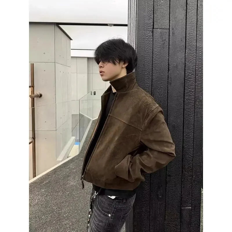 vintage leather jacket | distressed brown bomber | oversized lapel blazer | energy saving