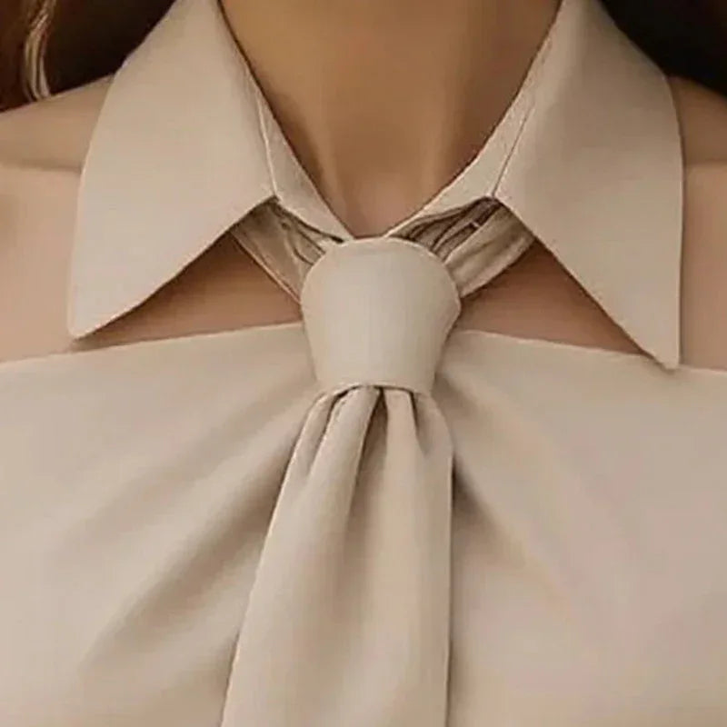 Women's Solid Color Long Sleeve Shirt With Tie And Lapel Collar, Casual & Elegant Blouse For Office And Formal Wear Meifu Market