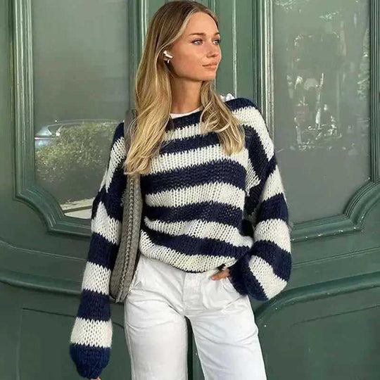Loose Striped Pullover Sweater Fashion Versatile Long-sleeved Knitted Tops For Women Clothing S - loose striped pullover s...