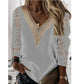 Commuter Nine-quarter Sleeve V-neck Stitching Hollow Lace Chiffon Shirt Pullover Meifu Market