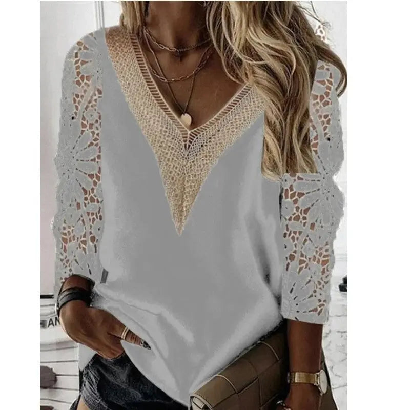 Commuter Nine-quarter Sleeve V-neck Stitching Hollow Lace Chiffon Shirt Pullover Meifu Market