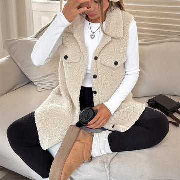 Women's Wool-Like Sleeveless Vest With Lapel, Solid Color Mid-Length Button Up Waistcoat For Layering, Casual & Formal Outfits Meifu Market