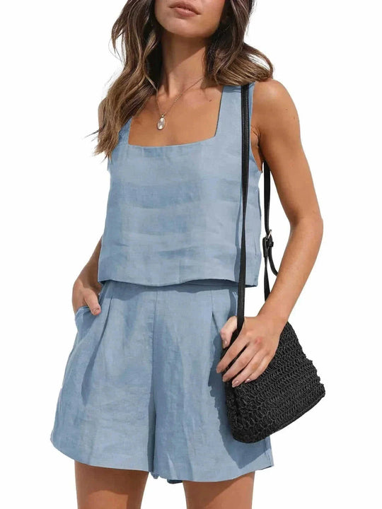 square neck top and shorts set | polyester spandex lounge set | summer casual two piece outfit | ultrasonic cleaning