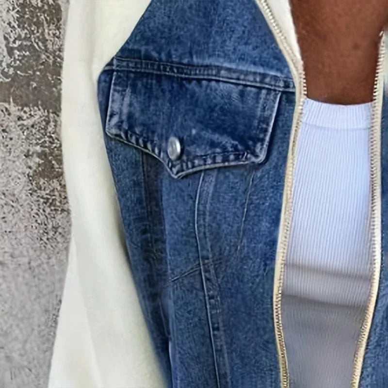 Women's Denim Patchwork Zip-Up Jacket - Stand Collar Casual Coat Fall Winter Meifu Market