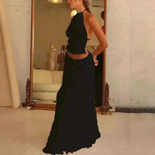 2pcs Women's Dress Suit Sexy Sleeveless Backless Cropped Halter Top And Pleated Long Skirt Beach Clothing - view 11...