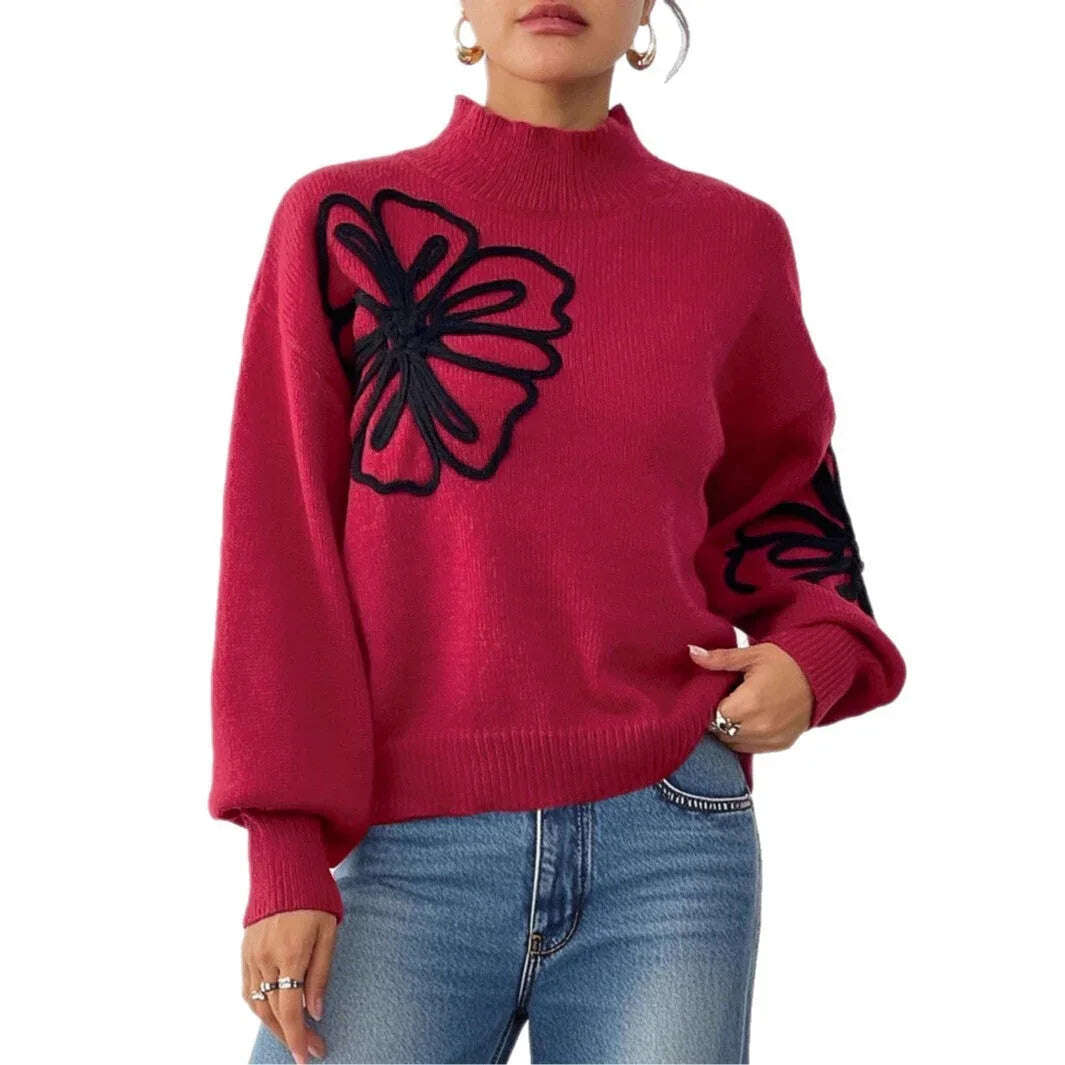 Women's Three-dimensional Ribbon Embroidery Flower Mock Neck Sweater Meifu Market