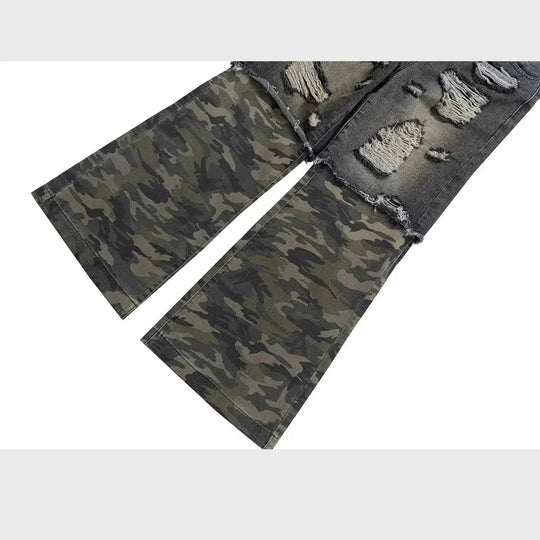 Camouflage Stitching Micro-pull Wide Leg Ripped Ripped Jeans - Meifu Market