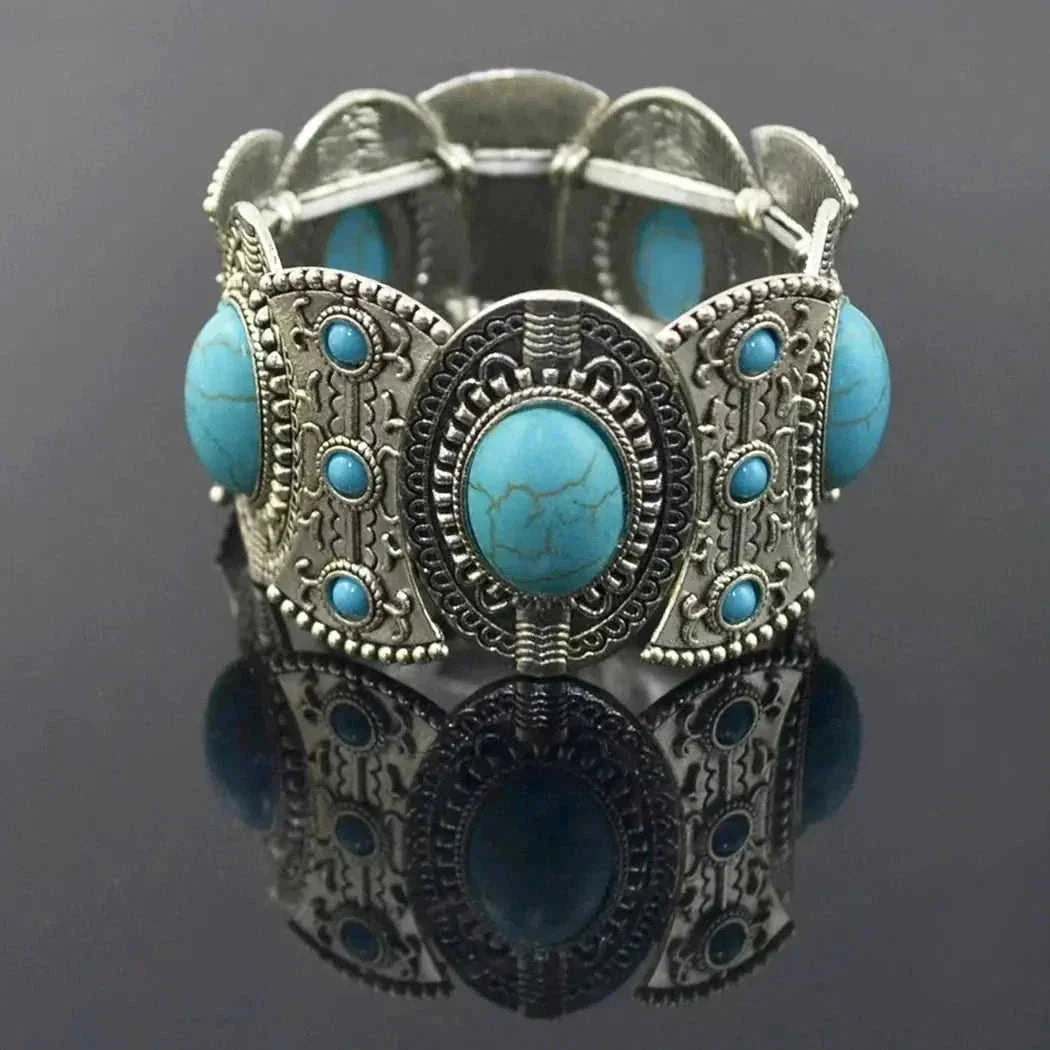 elastic turquoise bracelet | adjustable boho bangle | vintage tribal jewelry | ultrasonic cleaning