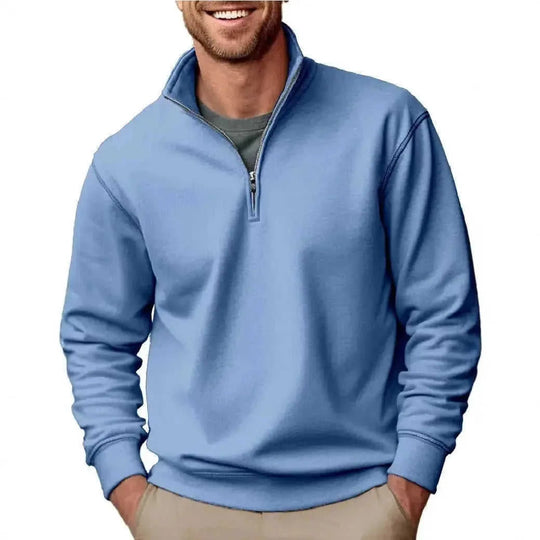 velvet stand collar sweater | zipper front closure | solid color menswear | energy saving