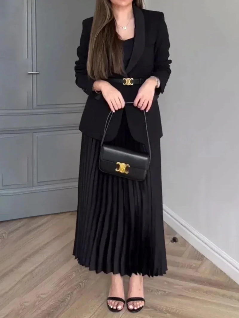 wool blend blazer skirt suit | pleated midi skirt set | office work attire | ultrasonic cleaning