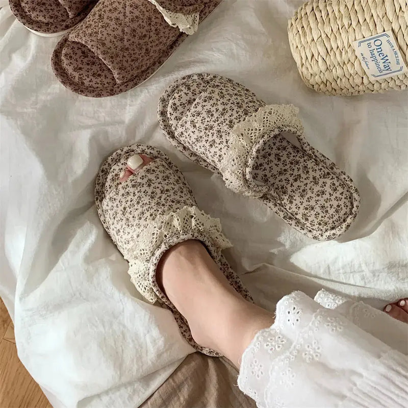 Home Style Vintage Floral One Word Four Seasons Universal Cotton Slippers Female Meifu Market