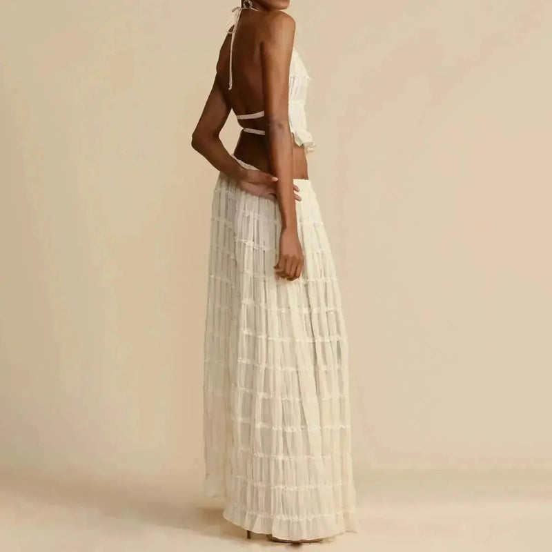 sexy backless halter top | pleated maxi skirt set | sleeveless cropped top | ultrasonic cleaning