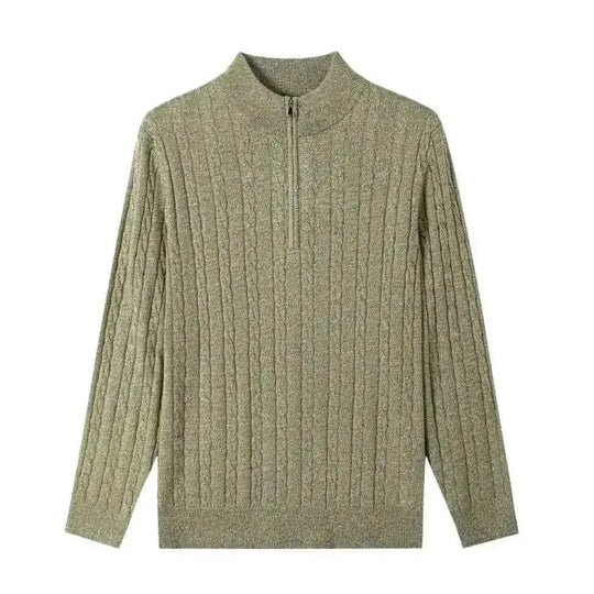 American Old Money Style Stand Collar Twisted Men's Casual Zipper Sweater - back view (material: wool, fleece | pattern:...