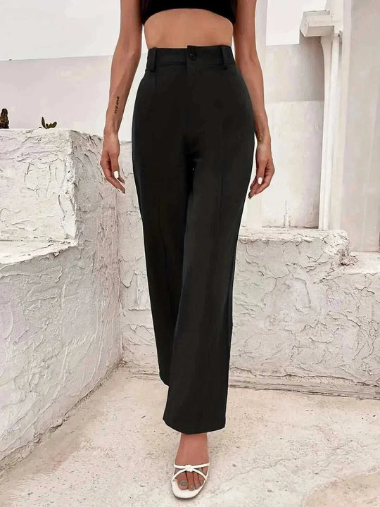 high-waisted wide-leg trousers | stretchy comfortable work pants | office commuting attire | energy saving