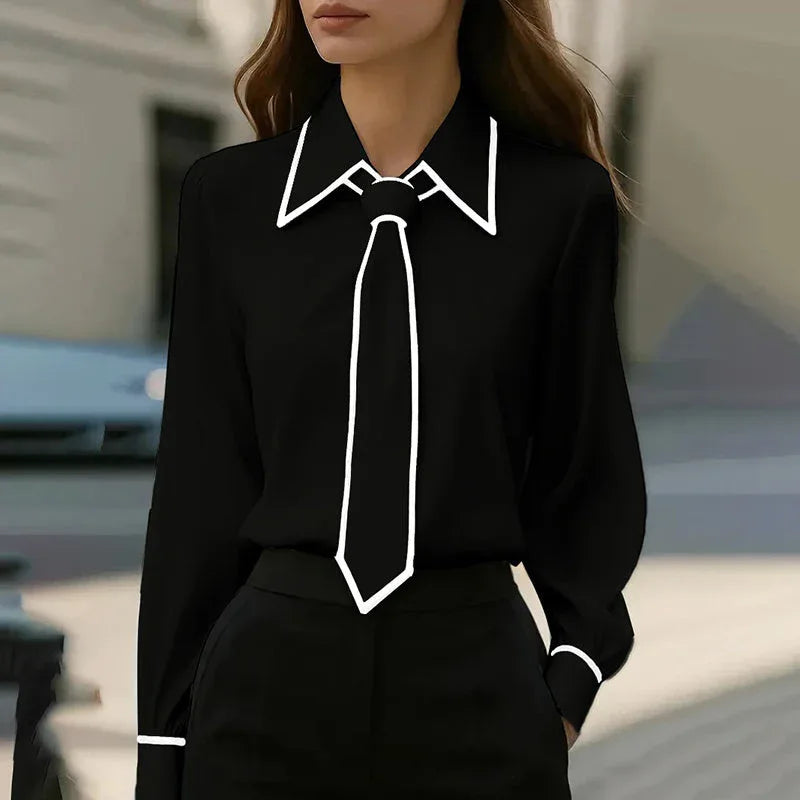 Women's Classic Tie & Lapel Blouse, Long Sleeve Contrast Color Design Shirt For Office And Formal Wear Meifu Market