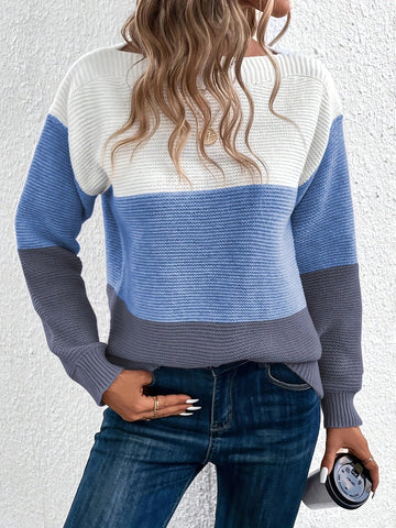 Pullover Knitted Sweater Fashion Round Neck Splicing Knitwear Loose Top Women's Clothing Meifu Market