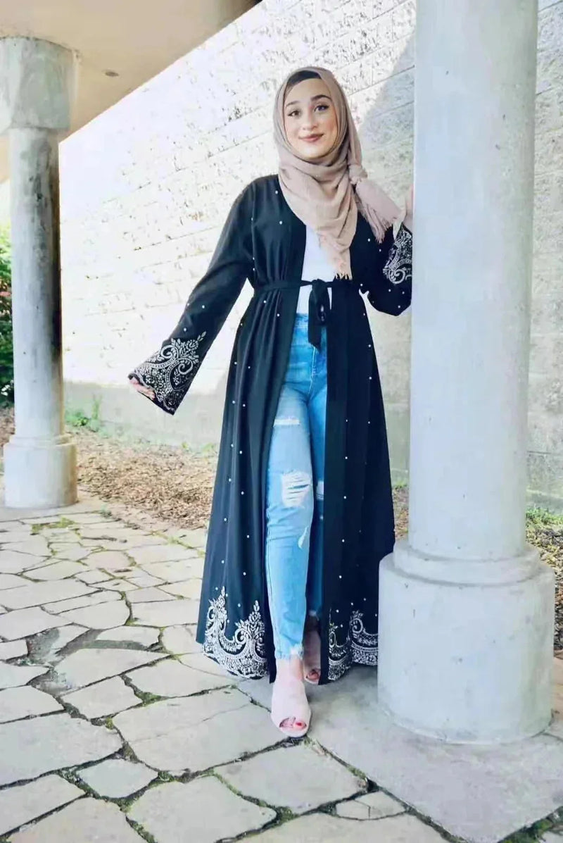 embroidered long cardigan | beaded kaftan robe | arabic style abaya | energy saving