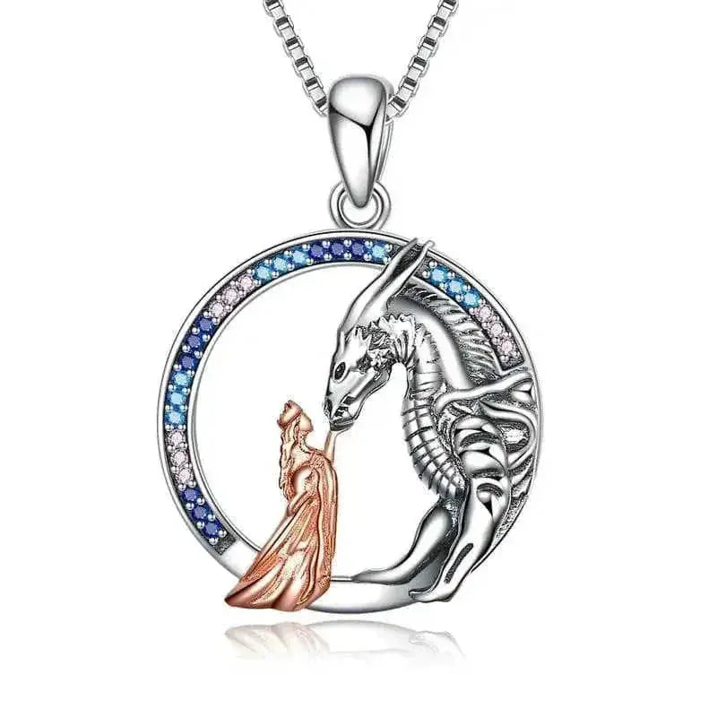 925 Sterling Silver Dragon Necklace - Girl & Dragon Queen Princess Pendant with Zircon Crystals - Meifu Market