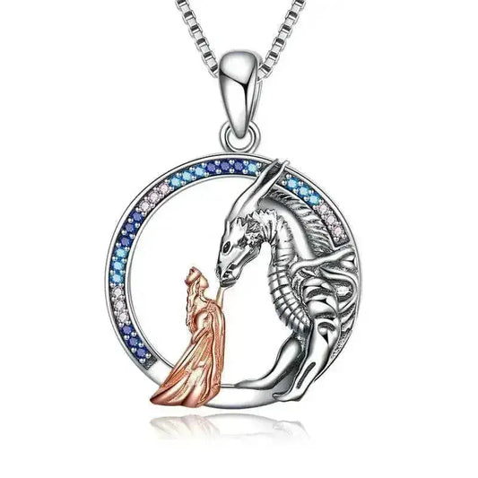925 Sterling Silver Dragon Necklace - Girl & Dragon Queen Princess Pendant with Zircon Crystals