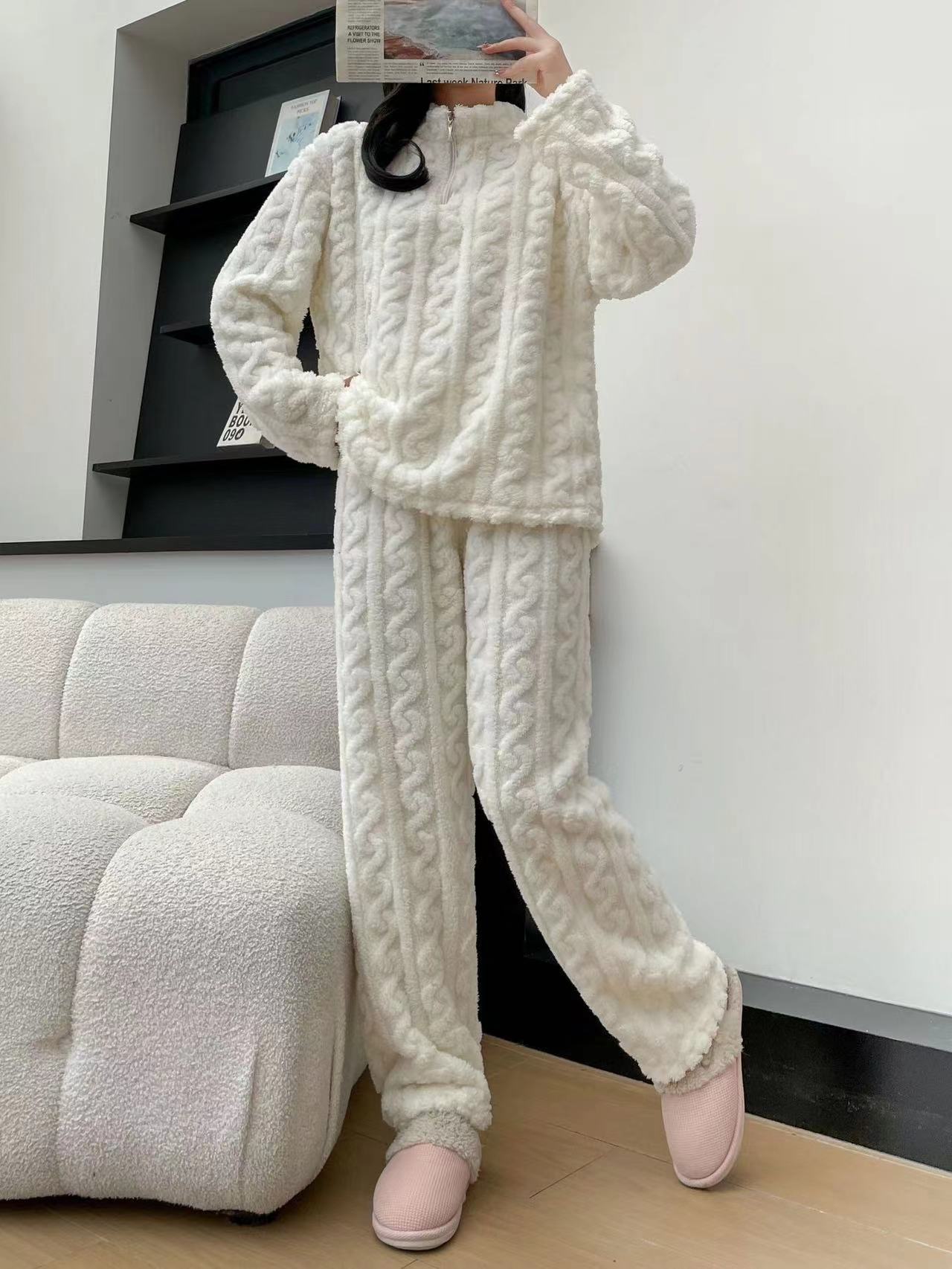 Autumn And Winter New Twist Zipper Couple Fleece-lined Thick Coral Fleece Pajamas Homewear Loungewear Sleepwear For Sleeping Meifu Market