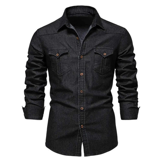 Men's Long-sleeved Denim Shirt Casual Solid Button Slim Tops Clothing L - lifestyle usage image
