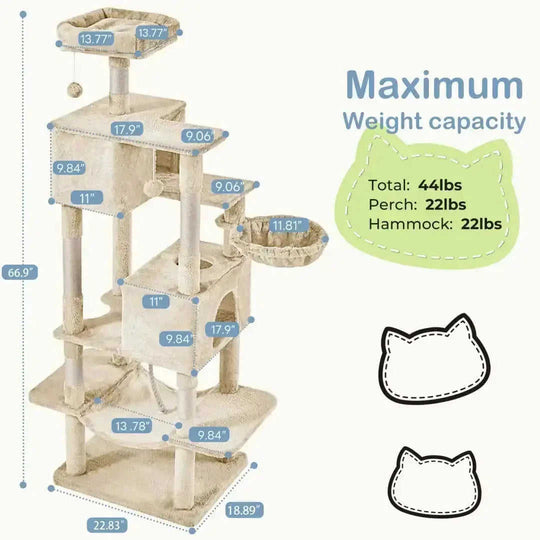 66 Inch Cat Tree Tower, Large Multi-Cat Climbing Extended Platform, Hammock, Pet House For Indoor Cats And Kittens Play -...