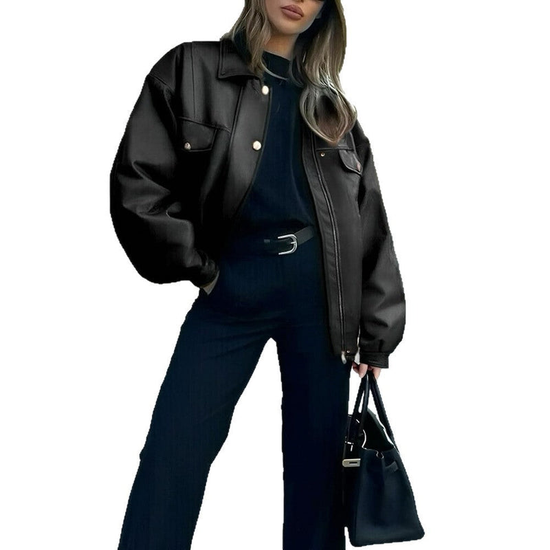 Women's Leather Jacket Loose Long Sleeve Lapel Motorcycle Jacket Meifu Market