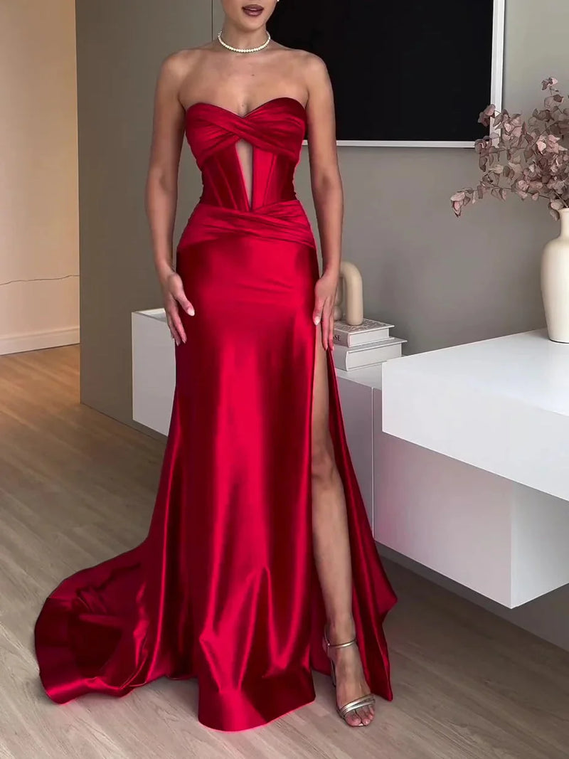 extra long slit evening dress | red tube top maxi dress | formal gown with thigh high slit | ultrasonic cleaning