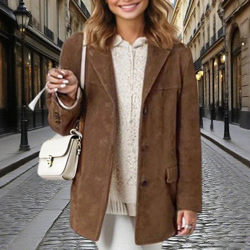 Women's Suede-Look Blazer Jacket, Classic V-Notch Lapel Button Front Coat, Machine Washable Versatile Casual Jacket Meifu Market