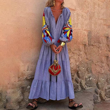 Women's Stripe Maxi Dress, V Neck Puff Long Sleeve With Tiered Ruffle Hem Swing Dress Meifu Market