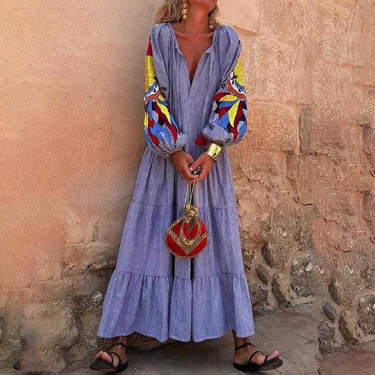 Women's Stripe Maxi Dress, V Neck Puff Long Sleeve With Tiered Ruffle Hem Swing Dress Meifu Market