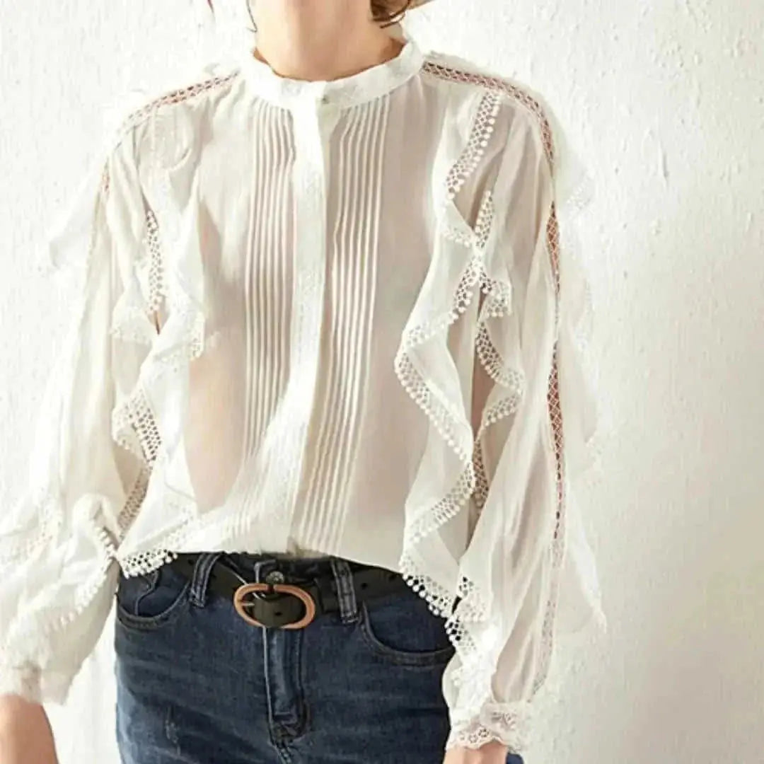 french linen shirt | loose fit blouse | lace trim top | energy saving