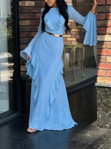 round neck ruffle sleeve maxi dress | chiffon long sleeve maxi dress | floor length evening gown | energy saving