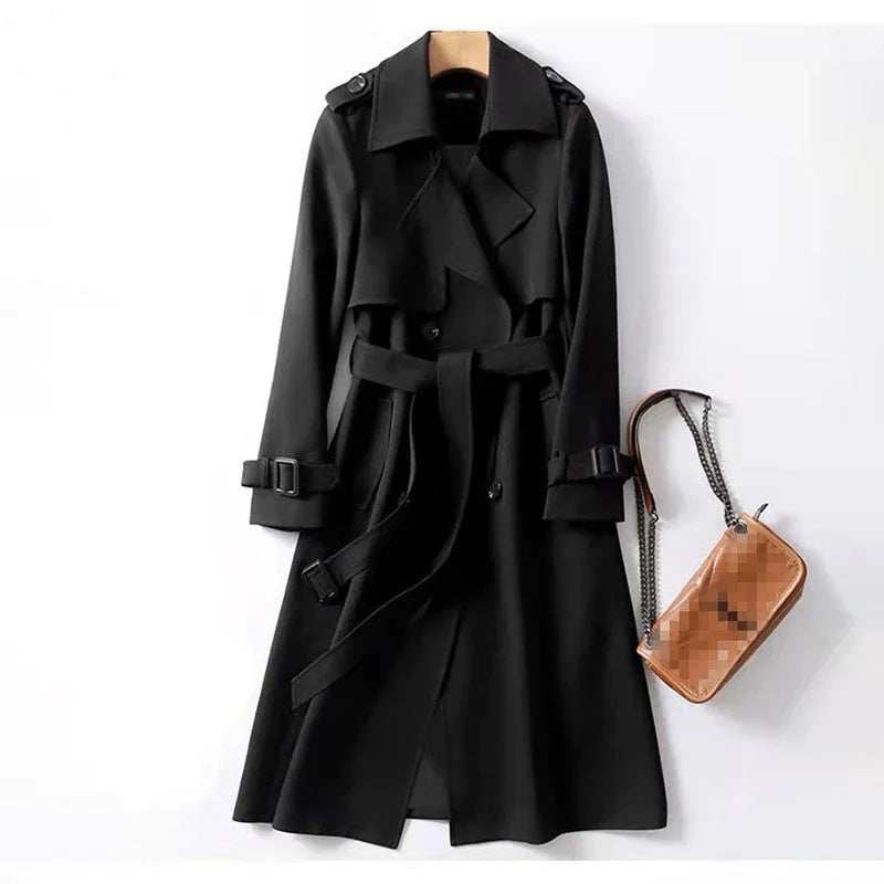Women's Classic Trench Coat, Solid Color Long Sleeve Belted Mid-Length Jacket With Button Detail For Spring And Fall Meifu Market