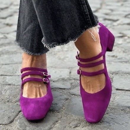 Women's Leather Square Toe Low-cut Retro Style Chunky Heel High Heels Meifu Market