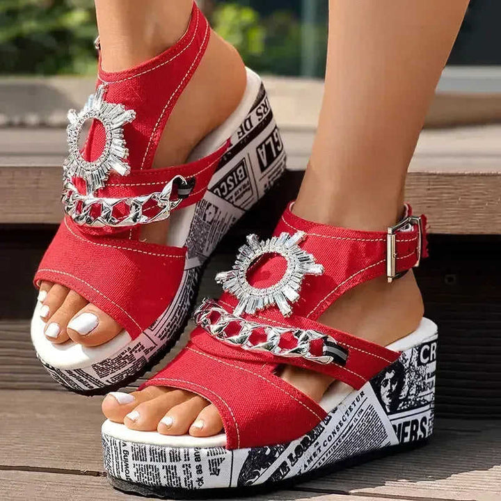 Newspaper Buckle Denim Wedge Slides - Anklet Not Included